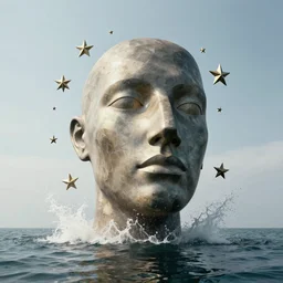 a giant sculpture of an abstractly shaped head with stars around it on the water, in the style of chad knight, award winning, cinematic, hyper - realistic, very detailed, realistic water splashes, ray tracing, 8 k resolution, long - shot, sharp focus, low angle, 8 5 mm photograph, wide lens