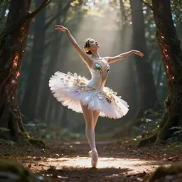 cinematic forest lighting, beauteous practical sumptuous ballerina dancing in spotlight, elegant pose, white pearlescent, chrome, iridescent titanium, crystal, liquid gold, copper, bronze, crystalline masterpiece incrustations, by lee jeffries, hyperdetailed metalwork movie still, octane render, unreal engine, crepuscular rays,