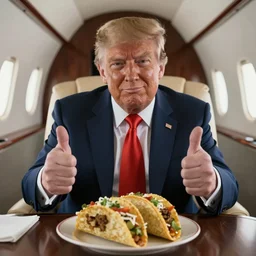 beautiful makoto shinkai style digital film still portrait of donald trump sitting giving two thumbs up behind a taco bowl in a private jet, 4 k, 8 k, hd, high resolution, highly detailed, intricate detail, ultra realistic faces, digital art, trending on artstation, your name, weathering with you