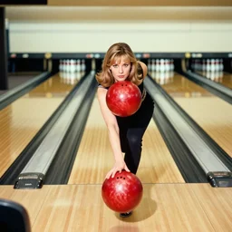 jayne mansfield in a bowling alley with a perspective view of bowling pins at the end of the lane, jayne mansfield about to roll a large red bowling ball down a bowling land towards bowling pins, jayne mansfield holding a large red bowling ball with both hands in a provocative pose, by mort kunstler and gil elvgren
