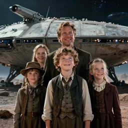 extremely sharply detailed, from blockbuster 9 6 k sci fi color movie freeze frame, set 1 8 6 0, family standing in front of crashed spaceship, on alien planet, looking happy, wearing 1 8 5 0 s era clothes, atmospheric lighting, in focus, reflective eyes, - 9 9 9 mm macro lens, live action, nice composition, good photography, extreme face details