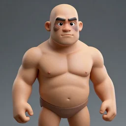 Muscle-bound, this pine skinned man has a focused feel about him, and he has a large birthmark on his face. He is naturally bald. He has a stubble-covered jaw. He has expressive, puffy, black eyes, a monobrow, a small nose and angled lips. He has short legs, a heavy torso with defined chest muscles and a well-defined waist, and a thick neck