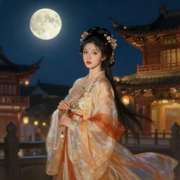 moon a beautiful girl in hanfu mid - autumn festival night hyperdetailed digital oil painting dramatic cinematic lighting by wlop and artgerm and greg rutkowski and alphonse mucha ， chinese traditional architecture by eytan zana