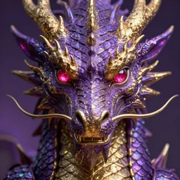 purple and gold face of a dragon, symmetrical, ruby eyes, iridescent scales, hyperrealistic octane render 8 k, fantasy concept art