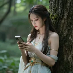 fantasy nature goddess checking her phone