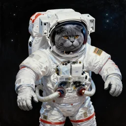 a painting of a grey chubby scottish fold in an astronaut suit doing a spacewalk in space, by noah bradley