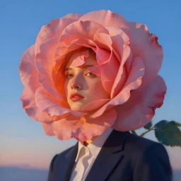closeup, huge rose flower head, portrait, girl in a suit, surreal photography, sunrise, blue sky, dramatic light, impressionist painting, digital painting, artstation, simon stalenhag