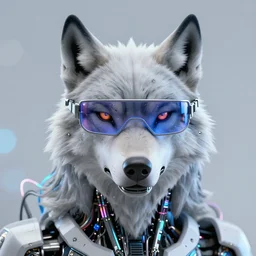 portrait of cybernetic wolf with cyberpunk glasses, reflective lens, bokeh, mechanical parts, neon wires, dark fur, closeup portrait, editorial photography, award winning, establishing shot, dark mood, dark sci fi