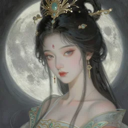 portrait of a beautiful moon goddess, sweet, graceful, esoteric, muted colors, head in focus, fantasy art, ornamental aesthetics, intricate, elegant, highly detailed, hyperrealistic painting, artstation, concept art, painterly, sharp focus, hasselbrad photography, illustration, art by chie yoshii