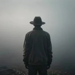 shadow figure in duster jacket with hat , misty atmospheric ominous