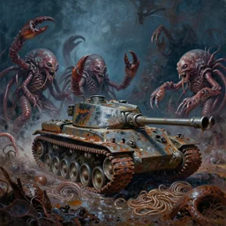 oil painting nightmare army tanks built by crustaceans in clawed chaos landscape fecund wet nights afraid of tank treads hooped metal noodles around rustscape in primoridal slimes in mollusk skins, terror by horror by enric torres, by jack gaughan