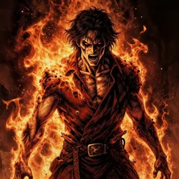 a singed scary man with fire bursting out of him, dark colors, sinister atmosphere, dramatic lighting, cinematic, establishing shot, extremely high detail, photo realistic, cinematic lighting, pen and ink, intricate line drawings, by Yoshitaka Amano, Kentaro Miura, Artgerm, post processed, concept art, artstation, matte painting, style by eddie mendoza, raphael lacoste, alex ross