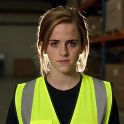 photo, close up, emma watson in a hi vis vest, in warehouse, portrait, point and shoot camera, underexposed backlit,