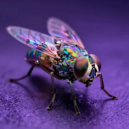 high quality macro photo iridescent cyborg fly! jeweled very beautiful! highly detailed digital art david ligare elson peter cinematic purple neon lighting high quality low angle hd 8k sharp shallow depth of field