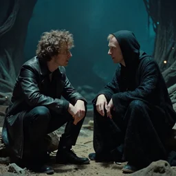 a dramatic photograph of neil gaiman having a conversation with the sandman in a fantasy world, dramatic lighting, filmic, cinematographic, sci - fi