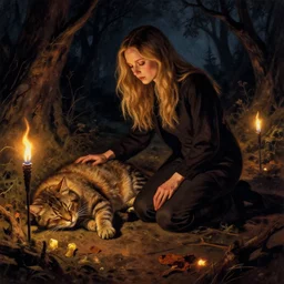 portrait of mourning Denise Richards kneeling next to her sleeping large forest cat, torches and fireflies and scary night, long crispy shadows, art by Donato Giancola, Joseph Christian Leyendecker, WLOP, Boris Vallejo, Artgerm