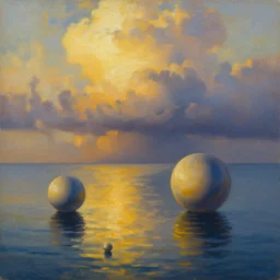 spheres and ellipsoids floating over and reflected in the ocean's surface, with majestic thunderheads in the background, pastoral lighting, golden hour, abstract oil painting style, frameless