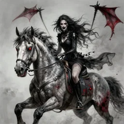 a mysterious woman with black teeth riding an undead horse with red eyes. Whips of death. Detailed digital art by greg rutkowski, Thomas kinkade, Keith Parkinson, artstation, cgsociety, deviantart, 8k, HD