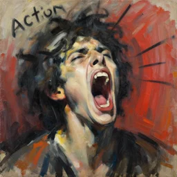 sam hyde, screaming, painting by phil hale, fransico goya, david lynch,'action lines '!!!, graphic style, visible brushstrokes, motion blur, blurry
