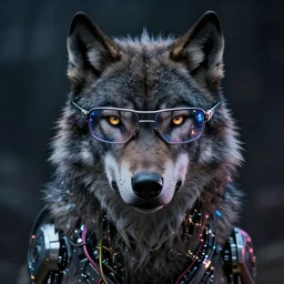 portrait of cybernetic wolf with cyberpunk glasses, reflective lens, caustics, bokeh, dust, mechanical parts, neon wires, dark fur, closeup portrait, editorial photography, award winning, establishing shot, dark mood, dark sci fi