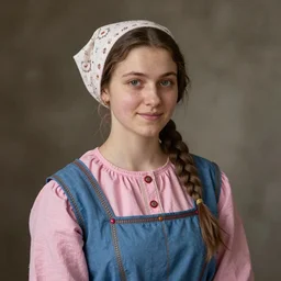 portrait of an adorable peasant woman, dressed in blue and pink, by nikolay makovsky.