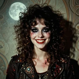 a handsome but creepy, sinister, smiling young woman, with haunted eyes and curly hair, wearing punk clothing, 1 9 7 0 s, seventies, wallpaper, a little blood, moonlight showing injuries, delicate embellishments, painterly, offset printing technique, by john howe, brom, robert henri, walter popp