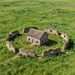 grasslands, ( ( house ) )!! ( ( ruins ) ), [ 4 k photorealism ]!!!, trending on unsplash, intricate, zoomed out photography