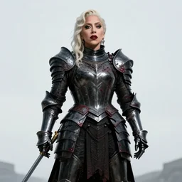 movie still frame, wide angle view, lady gaga as heroic fantasy armored knight with black armor covered in blood in epic pose, a blue shining star in the background, beautiful composition, 8 k, cgi, by ridley scott, zack snyder and michael bay