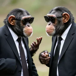 a photograph of chimpanzees wearing fbi sunglasses dressed in suits arguing with each other