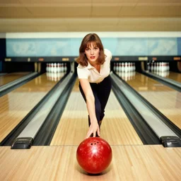 jayne mansfield in a bowling alley with a perspective view of bowling pins at the end of the lane, jayne mansfield about to roll a large red bowling ball down a bowling land towards bowling pins, jayne mansfield holding a large red bowling ball in a provocative pose, by mort kunstler and mort drucker