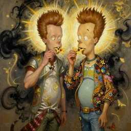 detailed full body concept art illustration oil painting of beavis and butthead eating nachos, oriental art nouveau, frock, mid body, radiant halo of light, black gold smoke ink, man covered in butterflies and flowers, peter mohrbacher, artgerm