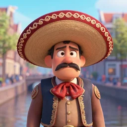mexican man wearing a sombrero looking confused in amsterdam, pixar