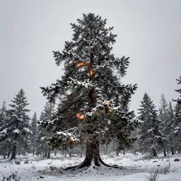 a large, monolithic taiga tree in the artic. snowing, grainy, overcast sky.