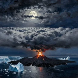 painting by sargent and leyendecker and greg hildebrandt savrasov levitan kuindzhi aiwazovsky gorgeous fantasy landscape deep dark night and moonlight above the layered low clouds on madeira faroe azores iceland volcano eruption black coast icebergs and glacier alaska overcast storm wide angle view from above masterpiece