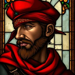 side - view portrait of the iorveth, scoia'tael leader, red cap, red bandana covering one eye, mediaval stained glass window, very masterful