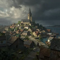beautiful matte painting of a port village by weta workshop 8 k, cinematic dramatic atmosphere, dramatic lighting