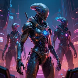 photorealistic cyberpunk alien invasion in the style of michael whelan and greg rutkowski. hyperdetailed photorealism, 1 0 8 megapixels, amazing depth, high resolution, 3 d shading, 3 d finalrender, 3 d cinematic lighting, glowing rich colors, psychedelic overtones, artstation concept art.