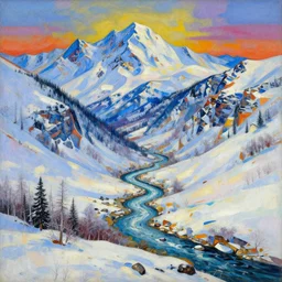 abstract art, a psychedelic landscape, extremely detailed, snowy mountains with a river originating among them, art by bob ross