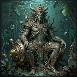 tropical ocean deity by jeffrey smith and wlop and gustave dore, featuring engine, circuitry, code, binary, cryptonomicon, dmt entity, ambient occlusion, 3 d concept render, scientifically accurate, artstation, intricate, beautiful, look at that detail!