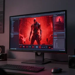 photorealism of monitor on the wall of a room of a spacecraft with user interface display, red tones, biomechanical, ads concert rock, high resolution, hyper realistic sci fi realistic, octane render, hyper realistic, ambient lighting, blade runner film style, canon eos ef 5 0 mm.