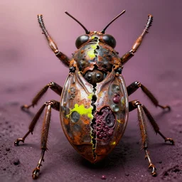 airbrush macro insect, split, quartered, massive | viscera * as god * | carapace rust chrome - chaos dystopic armor, chris foss, enric torres, alberto bontempi, feng zu hyper realism, narrative light, puce lime colors, epic, hyper detailed, awe inspiring, award winning horror, torch lighting, hyper realism, cinematical