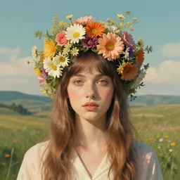 The girl with flowers as a head, surreal landscaping in the background, portrait by Lisa Frank, concept art, 4k, trending on ArtStation