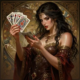 fortune teller, passionate , seductive, sweaty, gypsy, playing cards, intricate fashion clothing, insane, intricate, highly detailed, digital painting, artstation, concept art, smooth, sharp focus, illustration, Unreal Engine 5, 8K, art by artgerm and greg rutkowski and alphonse mucha