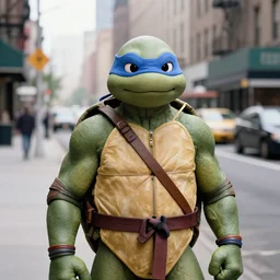 Beautiful Portrait Photograph from 1950s of a ninja turtle in the middle of a New York street,