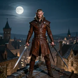 a stern rogue wood elf in brown leather clothing dual wields two short swords on a medieval town rooftop lit by the moon in the sky