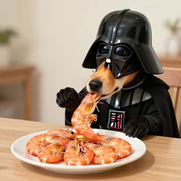 ( dog + darth vader ) eating shrimp