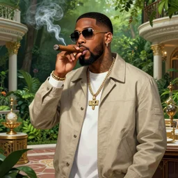 Rapper NAS smoking a cigar in a luxurious Singaporean lush garden, concept art, smooth, sharp focus, illustration, from Metal Gear, by Ruan Jia and Mandy Jurgens and William-Adolphe Bouguereau, Artgerm