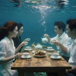 photograph of underwater tea party realistic 3 5 mm cinematic film