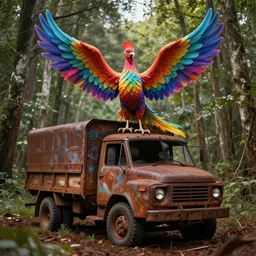 A colorful phoenix full of color on top of a rusty truck, in an abandoned forest, photo realistic, digital art, trending on artstation, 8k