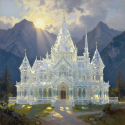 oil painting of translucent glass castle in dawn by anders zorn, wonderful art by greg rutkowski, incredible lighting, shadows, beautiful cinematic light, american romanticism by greg manchess, tall rocky mountains and storm clouds, sun rays, sunshine, bright sunny summer day, reflections and refraction, transparent crystal architecture